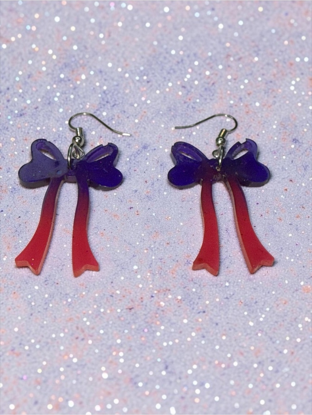 Handmade Purple Pink Ombré Bow Resin Dangle Statement Earrings - Picture 3 of 6